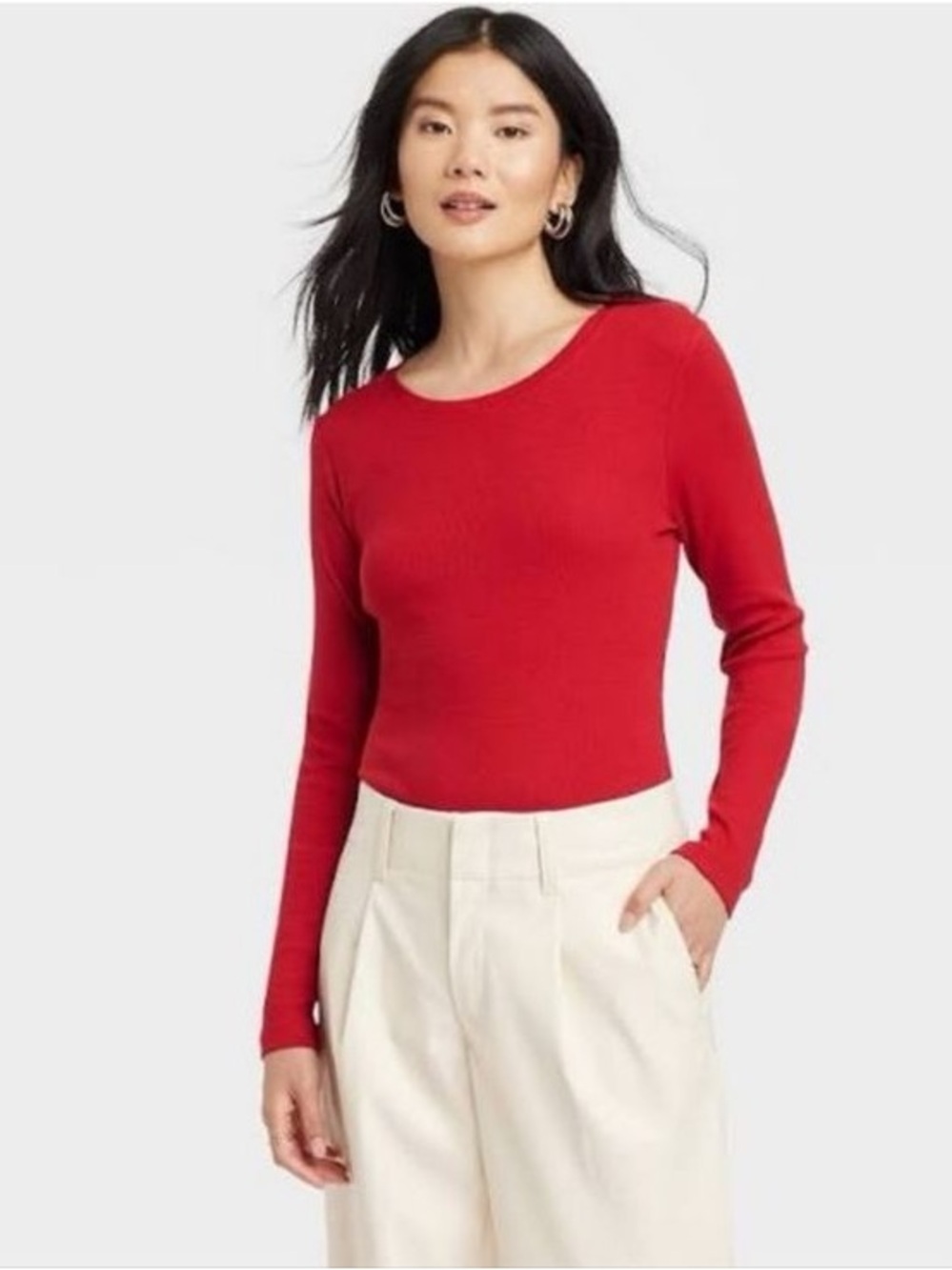 a new day Bright Red Ribbed Crewneck Top